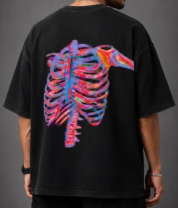 Still Alive Neon Ribcage Graphic Oversized T-Shirt – Black