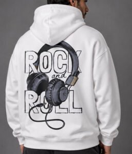 Rock & Roll Headphones Graphic Oversized Hoodie – White